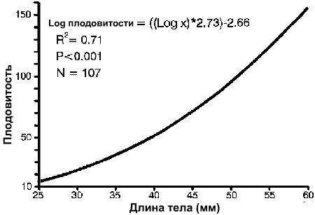 Рисунок 11. Статистическая модель, связывающая плодовитость и длину тела самок в диких популяциях меченосцев Австралии (Milton and Arthington (1983)). 
