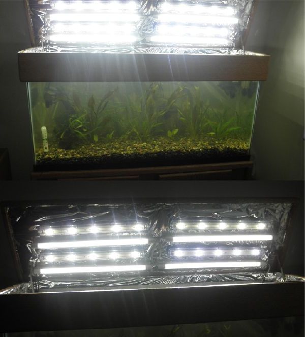 На иллюстрации освещение пресноводного аквариума, построенное на основе 4 блоков LED и 4 T2 с температурой 6400 °K. Присутствует отражатель.